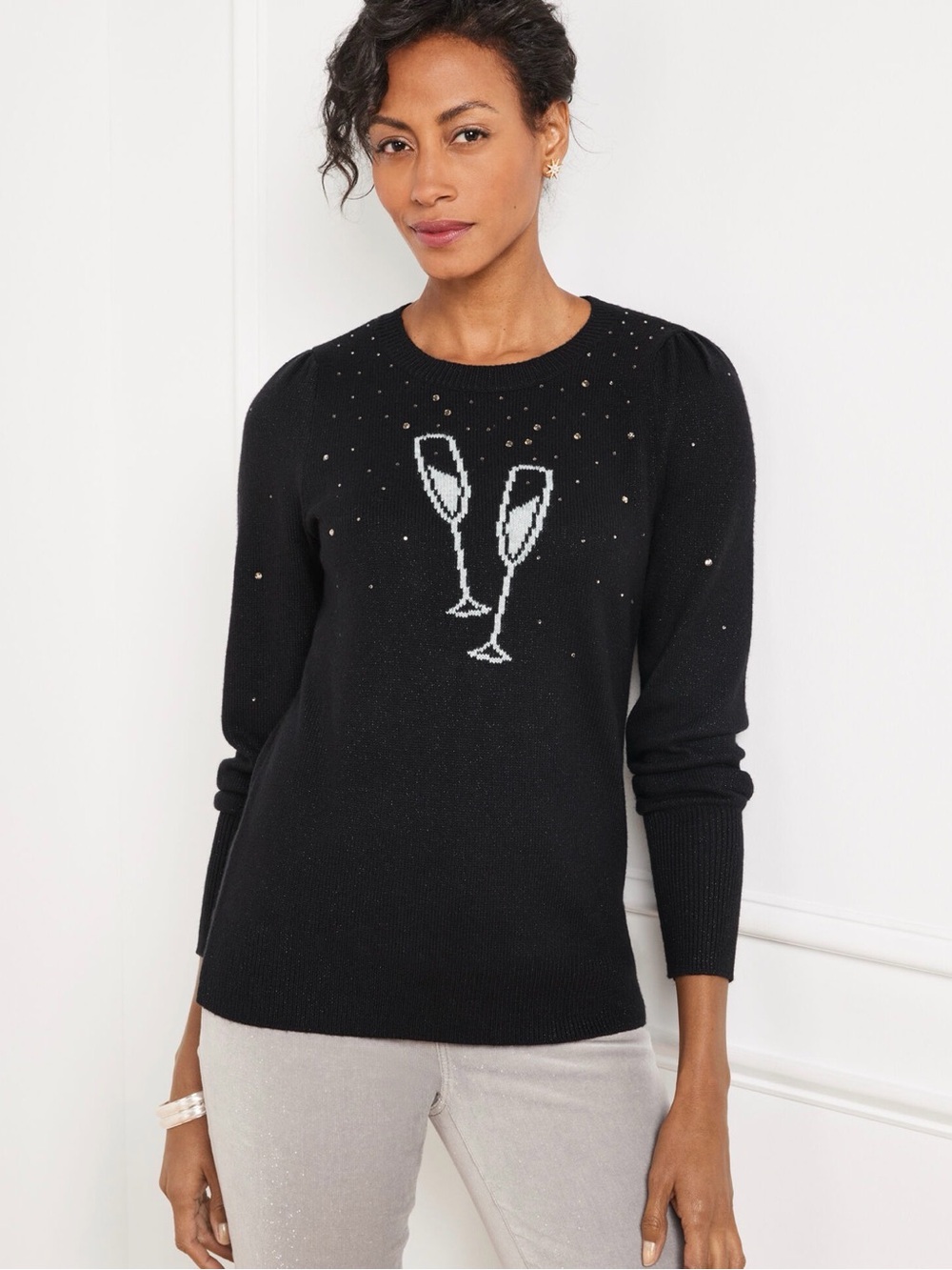 Talbots PUFF SLEEVE CREWNECK PULLOVER - SPARKLING CHAMPAGNE size P